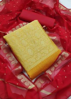 Beautiful Banarasi Silk Dress Material In Yellow Dress Material