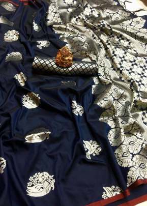 Beautiful Designer Lichi Silk Saree In Navy Blue