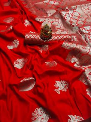 Beautiful Designer Lichi Silk Saree In Red