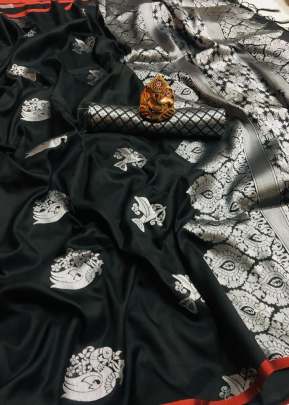 Beautiful Designer Lichi Silk Saree In Black