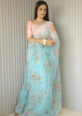 Beautiful Digital Printed Sky Blue Color Soft Organza Saree With Handwork  organza saree