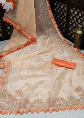 Beautiful Organza Silk Saree With Kashmiri Thread Work In Orange organza saree