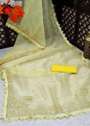 Beautiful Organza Silk Saree With Kashmiri Thread Work In Light Yellow