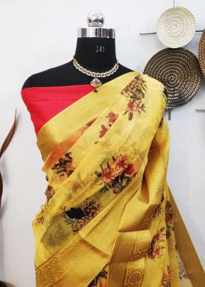 Beautiful Organza Elegant Zari Wooven Contrast Colour Pallu In Yellow organza saree