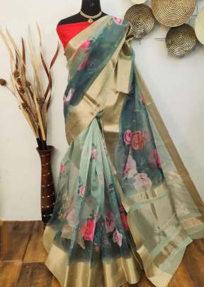 Beautiful Organza With Elegant Zari Wooven Contrast Colour Pallu In Light Bottle Green