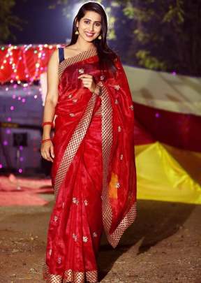 Beautiful Organza With Embroidery Work Saree In Red designer sarees