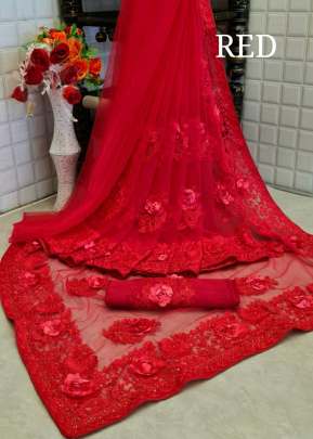Beautiful Partywear Havy Butterfly Net Saree In Red Net Saree