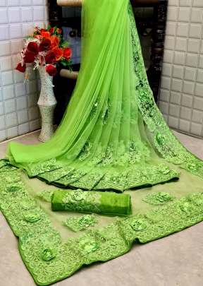 Beautiful Partywear Havy Butterfly Net Saree In Parrot Green Net Saree