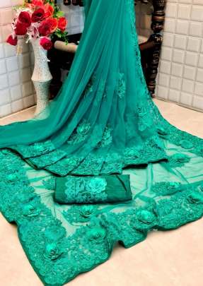Beautiful Partywear Havy Butterfly Net Saree In Rama Net Saree