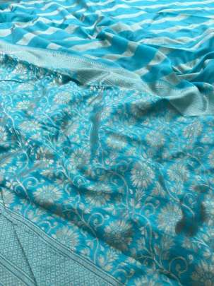  Beautiful Sky Blue Firozi Silk lichi Jacquard Saree With Unstitched Running Blouse  designer sarees