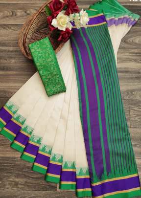 Beautiful Soft Cotton Silk Saree In White And Green