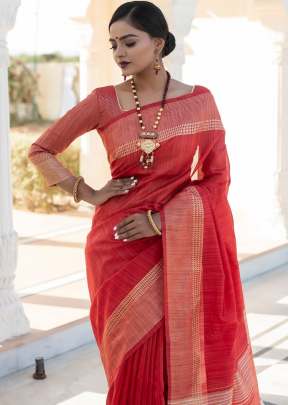 Beautiful Tassar silk Weaving Saree with Beautiful Zari Border In Red SILK SAREE