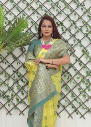 Beautiful lemon color Silk with elegant Green Jacquard jari border Saree designer sarees