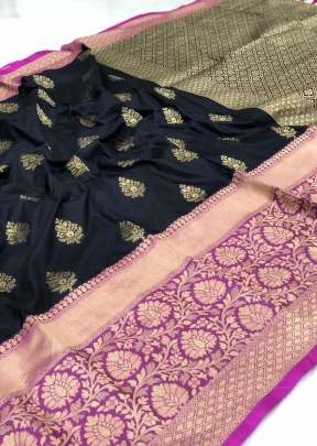 Black Color Saree With Golden Butta And Pink Patta