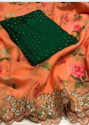 Classic Designer Organza Saree With Designer Embroidery Work Saree In Light Orange