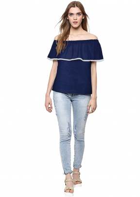 Classic Navy Blue Top With Off Solder Sleeves top