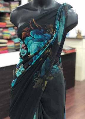 Classic Smooth Gorgette with Digital Print In Black Sarees