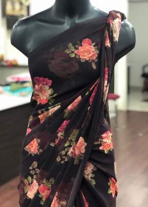 Classic Smooth Gorgette with Digital Print In Black And Orange Printed Sarees