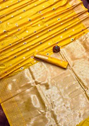 Designer Fancy Lichi Silk Saree With Gold Zari Butti In Yellow