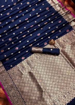 Designer Fancy Lichi Silk Saree With Gold Zari Butti In Navy Blue