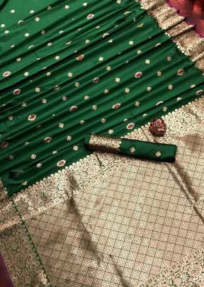 Designer Fancy Lichi Silk Saree With Gold Zari Butti In Green