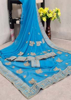 Designer Georgette Embroidery Work Saree With Embroidery Lace Border In sky Blue