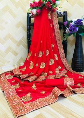 Designer Georgette Embroidery Work Saree With Embroidery Lace Border In Red