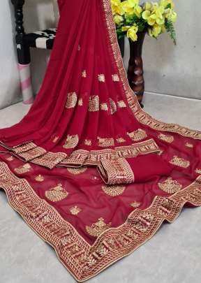 Designer Georgette Embroidery Work Saree With Embroidery Lace Border In Maroon