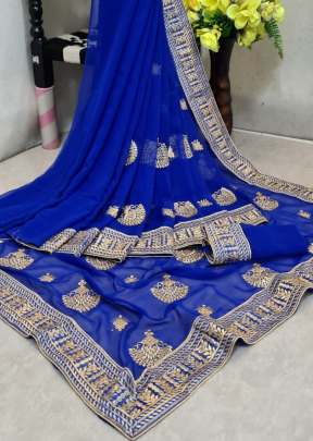 Designer Georgette Embroidery Work Saree With Embroidery Lace Border In Royal Blue