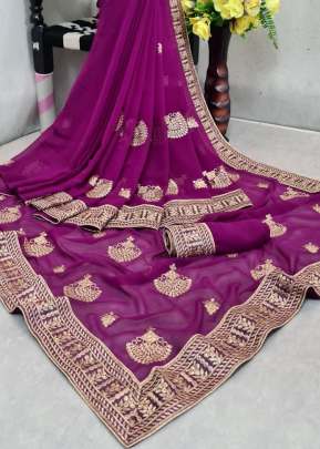 Designer Georgette Embroidery Work Saree With Embroidery Lace Border In Purple