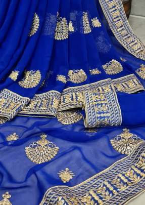 Designer Georgette Embroidery Work Saree With Embroidery Lace Border In Royal Blue Georgette Sarees