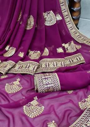 Designer Georgette Embroidery Work Saree With Embroidery Lace Border In Purple Georgette Sarees