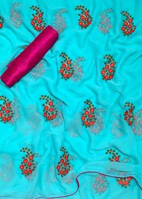 Designer Georgette Embroidery Work In Sky Blue designer sarees