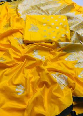 Designer Lichi Silk Saree Zaree  Design In Yellow