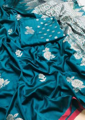 Designer Lichi Silk Saree Zaree  Design In Ocean Blue SILK SAREE