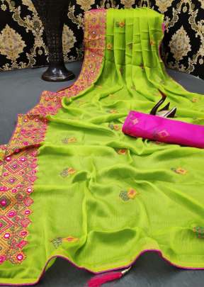 Designer Party wear Moss Chiffon Saree in Parrot Green Chiffon Saree 