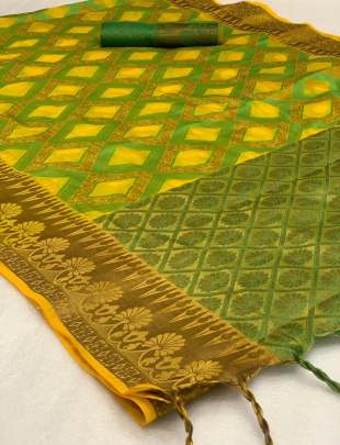 Designer Partywear Handloom Kora Muslim Saree In Parrot Green