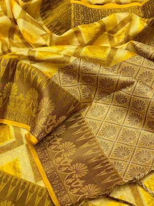 Designer Partywear Handloom Kora Muslim Saree In Turmeric  designer sarees