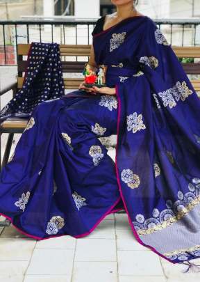 Designer Partywear Soft Lichi Silk Saree With Attractive Gold Zari In Royal Blue designer sarees