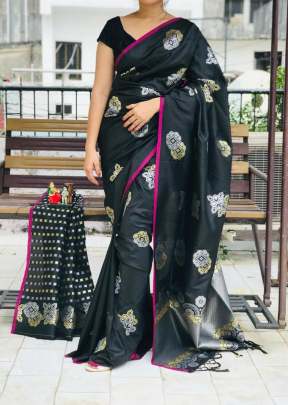 Designer Partywear Soft Lichi Silk Saree With Attractive Gold Zari In Black