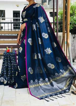 Designer Partywear Soft Lichi Silk Saree With Attractive Gold Zari In Navy Blue designer sarees