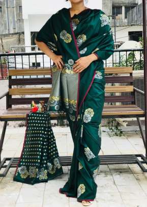 Designer Partywear Soft Lichi Silk Saree With Attractive Gold Zari In Bottle Green designer sarees