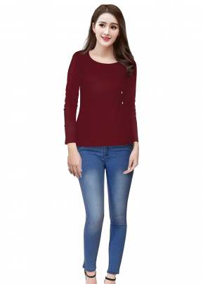 Designer Round Neck Full Sleeves Fancy Top In Maroon