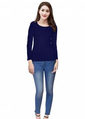 Designer Round Neck Full Sleeves Fancy Top In Navy Blue