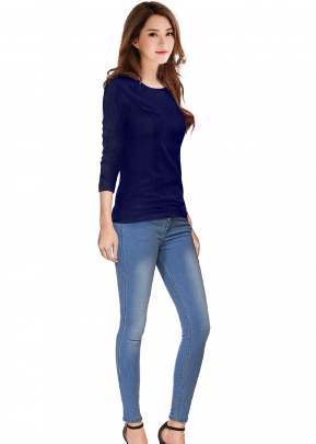 Designer Round Neck Full Sleeves Fancy Top In Navy Blue top