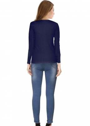 Designer Round Neck Full Sleeves Fancy Top In Navy Blue top