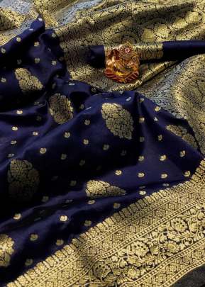 Designer Soft Banarasi Silk Saree With Weaving Gold Zari Border Saree In Navy Blue Banarasi Silk Saree