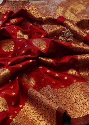 Designer Soft Banarasi Silk Saree With Weaving Gold Zari Border Saree In Red Banarasi Silk Saree