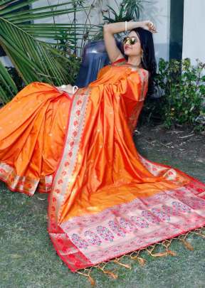 Designer Soft Banarasi Silk Saree With Self Jacquard Waving In Orange