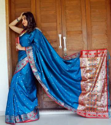 Designer Soft Banarasi Silk Saree With Self Jacquard Waving In Ocean Blue